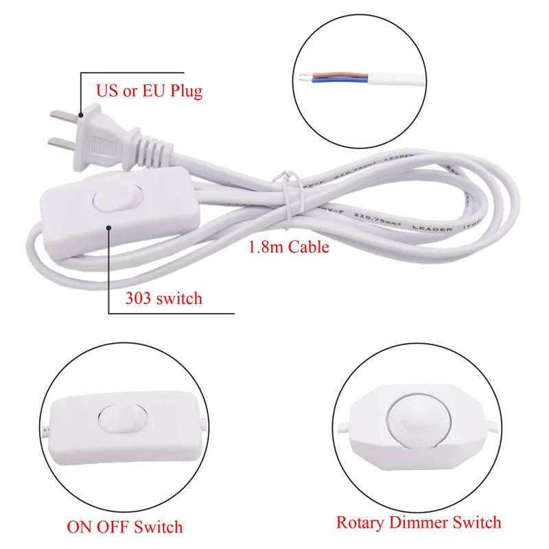 Europeo 303 Online US EU Cavo di prolunga Dimmer Swtch Cavo di alimentazione CA Cavo di cablaggio per striscia di illuminazione a LED da tavolo 1,8