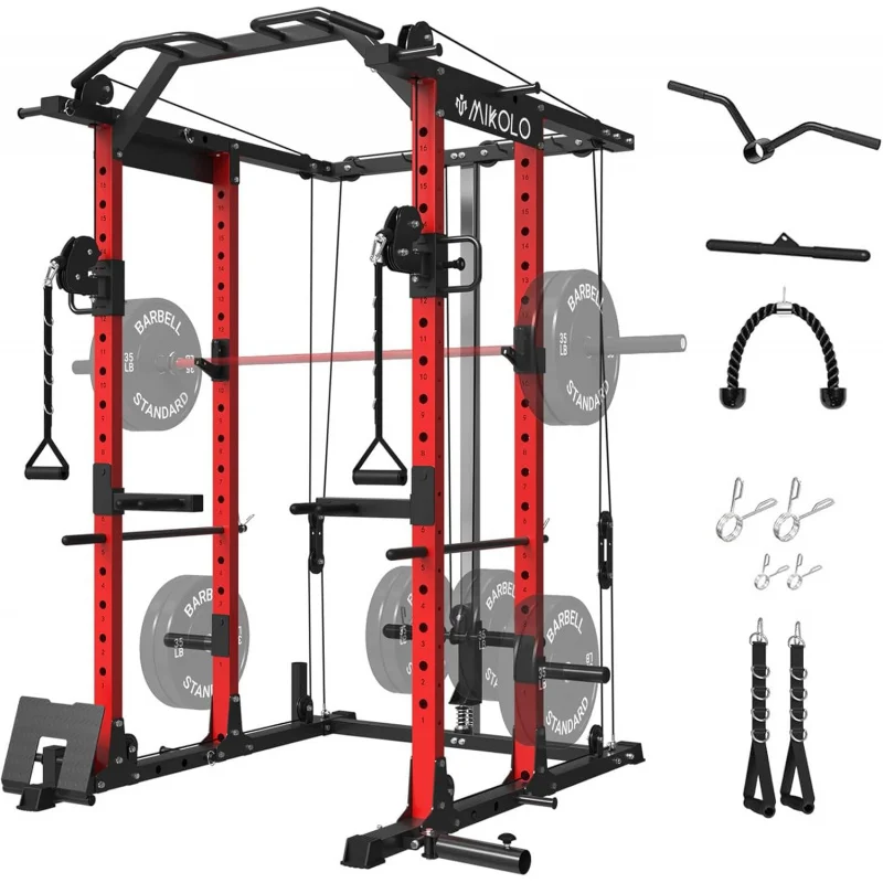 

(XMSJ)Cage, Power Cable Crossover , 1500LBS Squat Rack with LAT Pull Down System, Workout