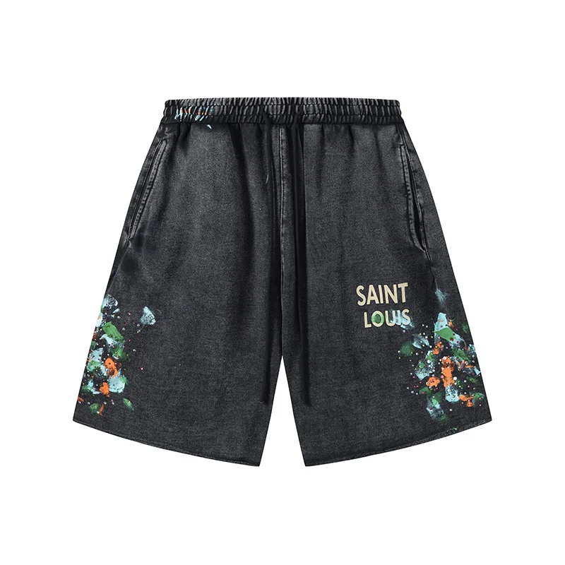 Wash Black SAINT LOUIS Shorts Men Woman Splashing Ink Graffiti Letter Water Diamond Drawstring Pocket Breeches