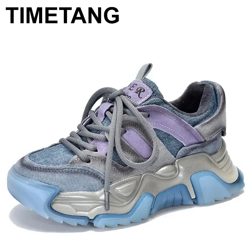 

2025 женские мокасины 5 см, вулканизированные осенне-весенние массивные кроссовки, удобная обувь, джинсовые лоферы из натуральной кожи, синтетические