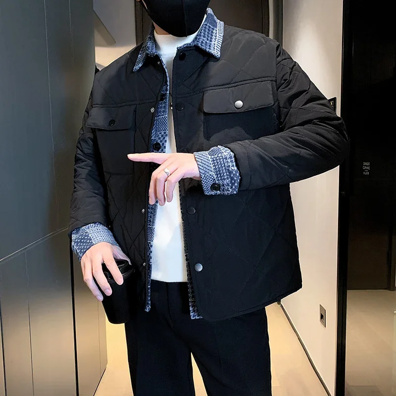 Manteau en coton faux deux pièces coréen pour hommes, col à revers, parka chaude pour hommes, vestes d'hiver décontractées, pardessus Streetwear Hip Hop, mode 2023