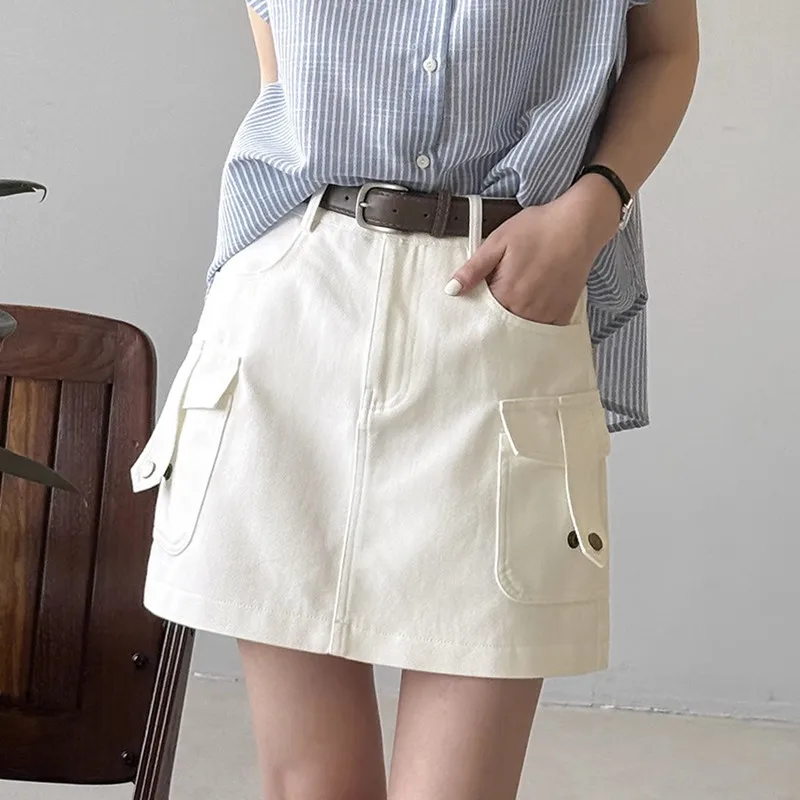 Casual Khaki Cargo Skirt Women Y2K Summer Korean Fashion High Waist Vintage Denim Pocket A-line Mini Skirt Female
