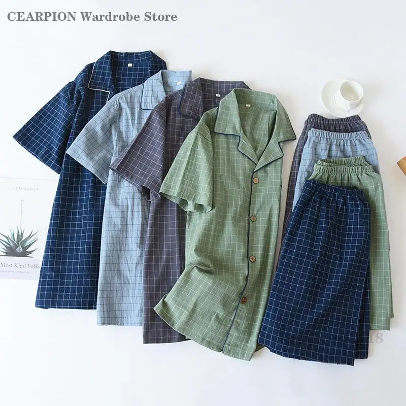 

Мужские шорты, пижамный костюм на лето, тонкая домашняя одежда с короткими рукавами, ночная рубашка, хлопковая простая клетчатая пижама, мужская одежда для сна, одежда для дома