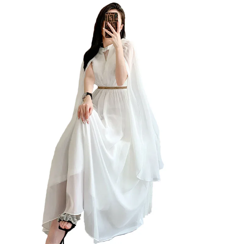 Spring Elegant Cloak Sleeve White Long Dresses For Women Holiday Draped Evening Party Chiffon Beach Robe Clothing Maxi Vestidos