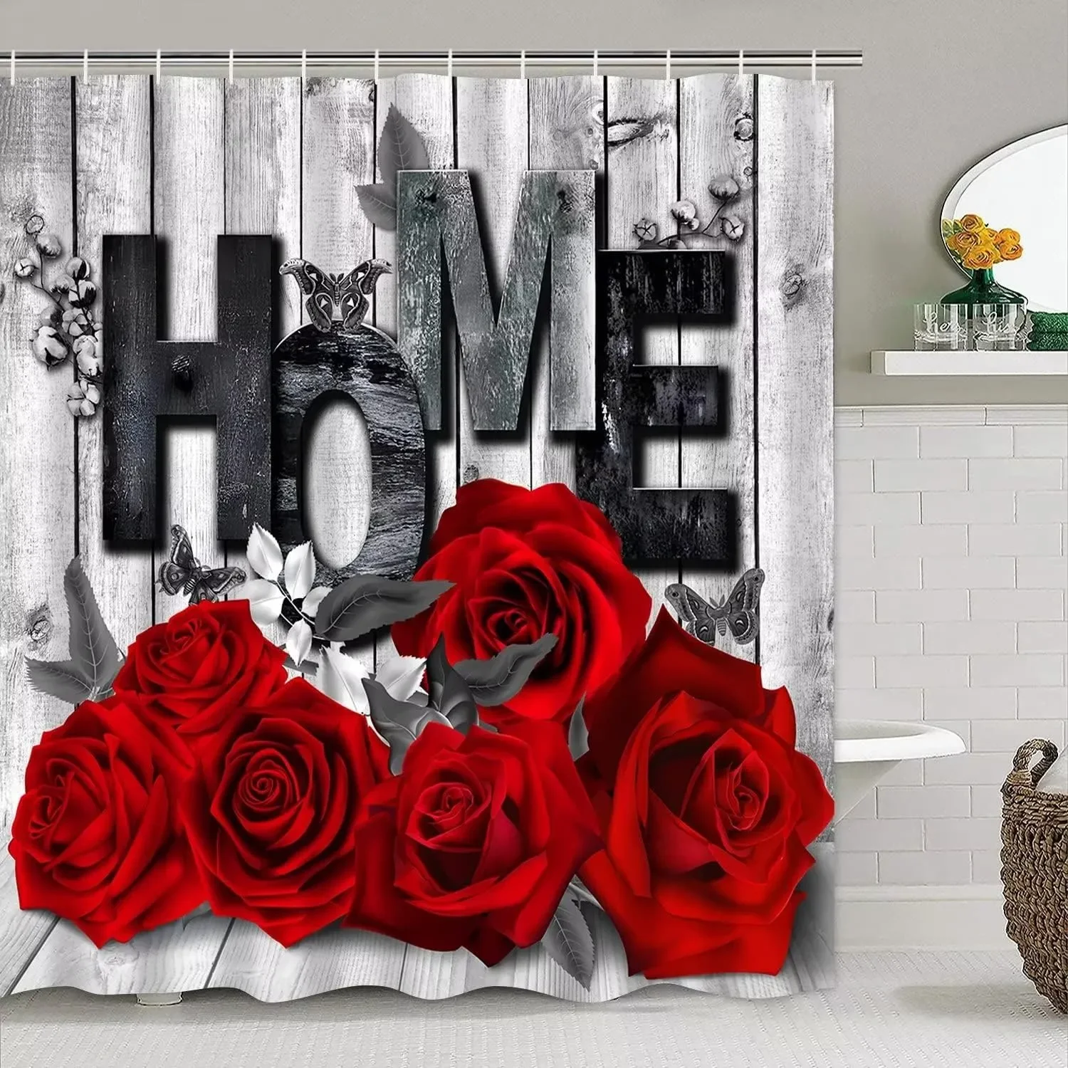 4 Pcs Red Rose Shower Curtain Set Waterproof Fabric Bath Curtain Rustic Wood Non-Slip Bath Mat Toilet Lid Cover Bathroom Decor