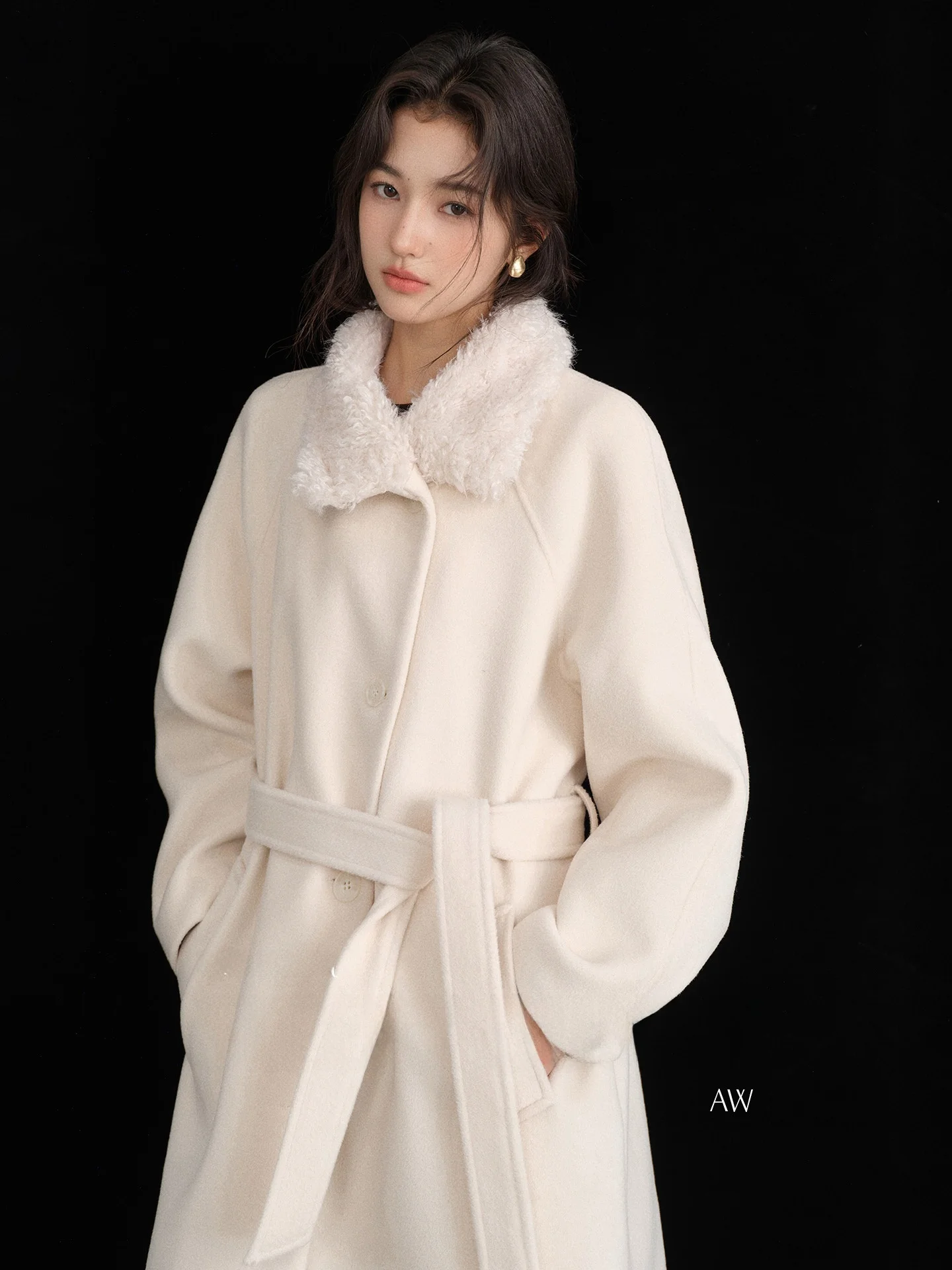 

Женское шерстяное пальто Bunny, длинное, в корейском стиле, для повседневной носки, из смесового полиэстера, средней длины, с меховым воротником, Jaet