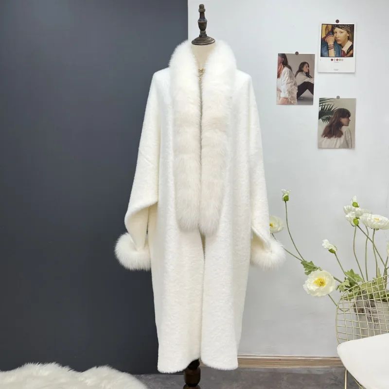 

Women's Long Profile Real Fur Coat Winter Wear2024 Fox Collar Knitted Large Cape Mink Fleece Cardigans Luxury Elegant Keep Warm