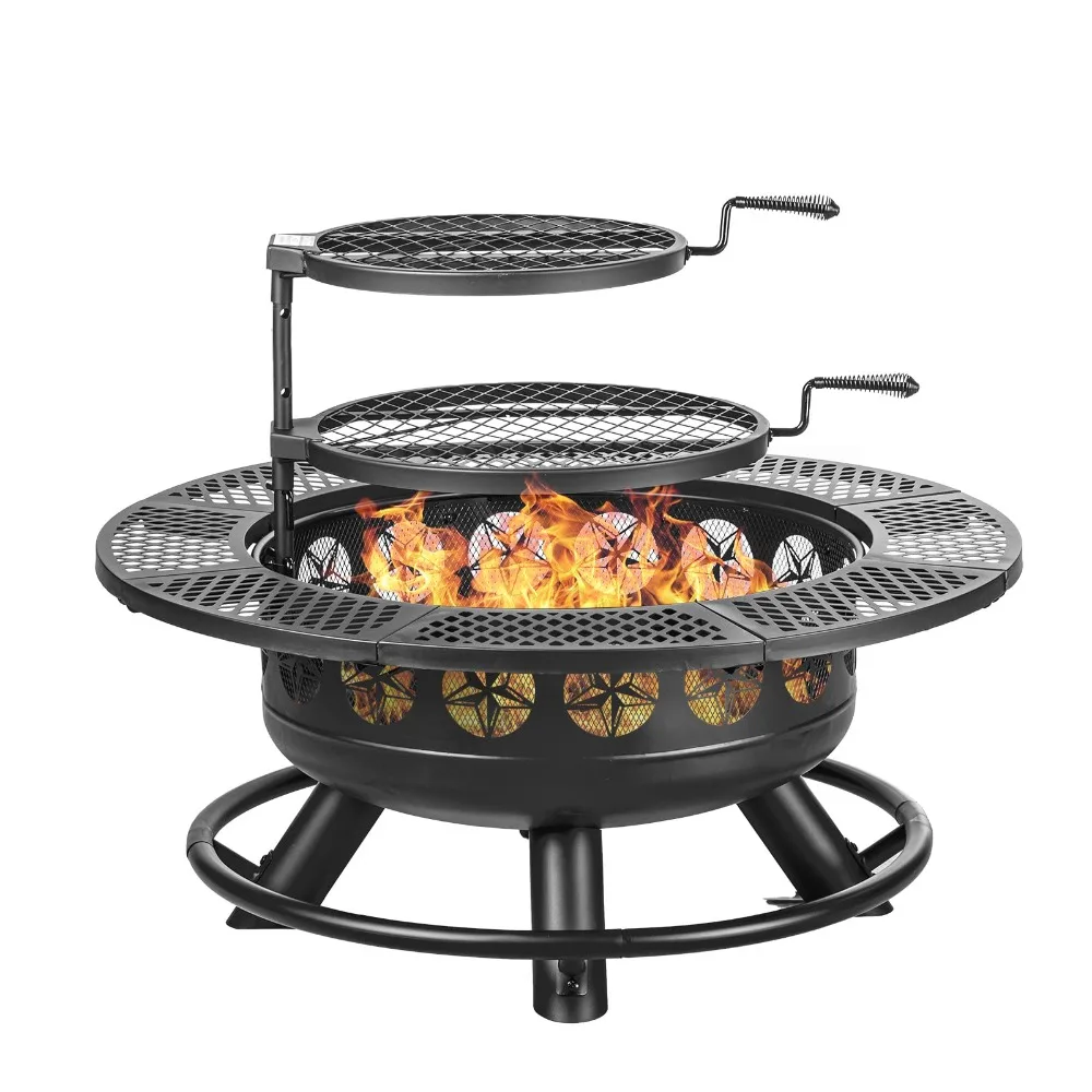 36 Inch Fire Pit with 2 Cooking Grills Outdoor Wood Burning BBQ Firepit | Firepits for Outside with Lid, 3-in-1 Outdoor
