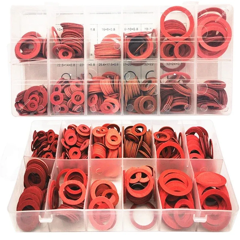 600Pcs M10 M12 M16 M20 M22 M25 M32 Flat Washer Red Steel Paper Fiber Insulation Ring Seal Fastener Spacer Tools Set