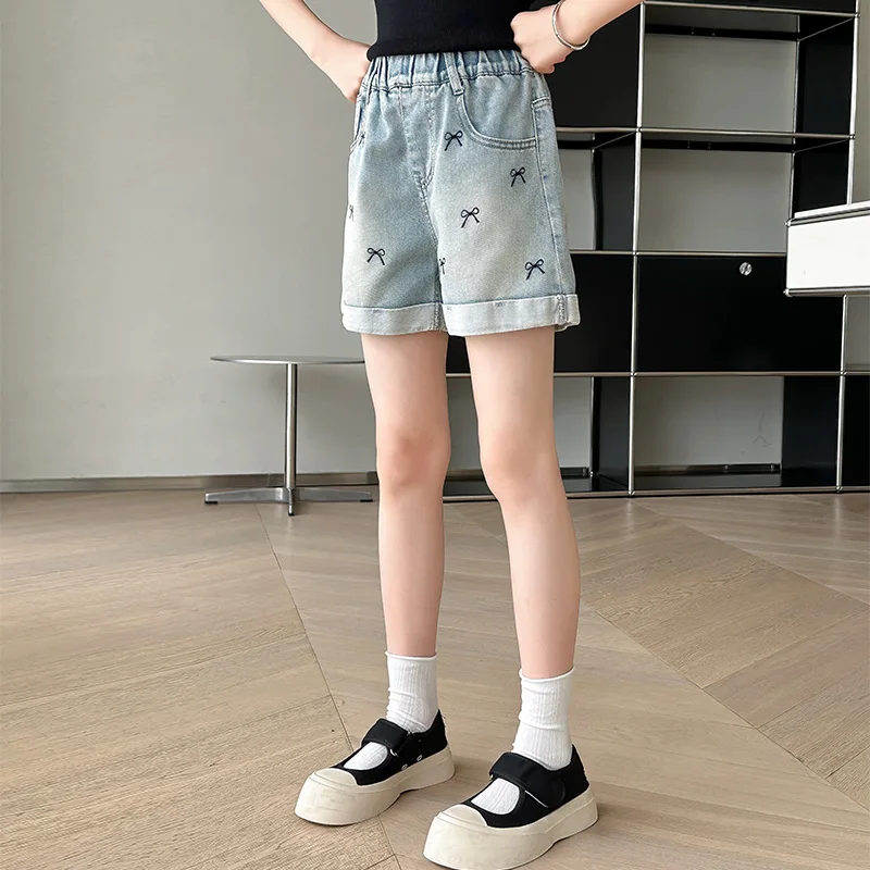 Children Casual Denim Shorts with Bow For Girls Elegant Above Knee Pants Mini Jeans Kids Teenager Brief Summer Shorts Size 5-14Y