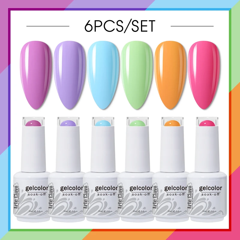 

Arte Clavo Gel Nail Polish Set 6PCS 15ml Nails Art Gel Varnishes Semi-permanent Base Top Coat Soak Off UV Lamp Nail Polish Set