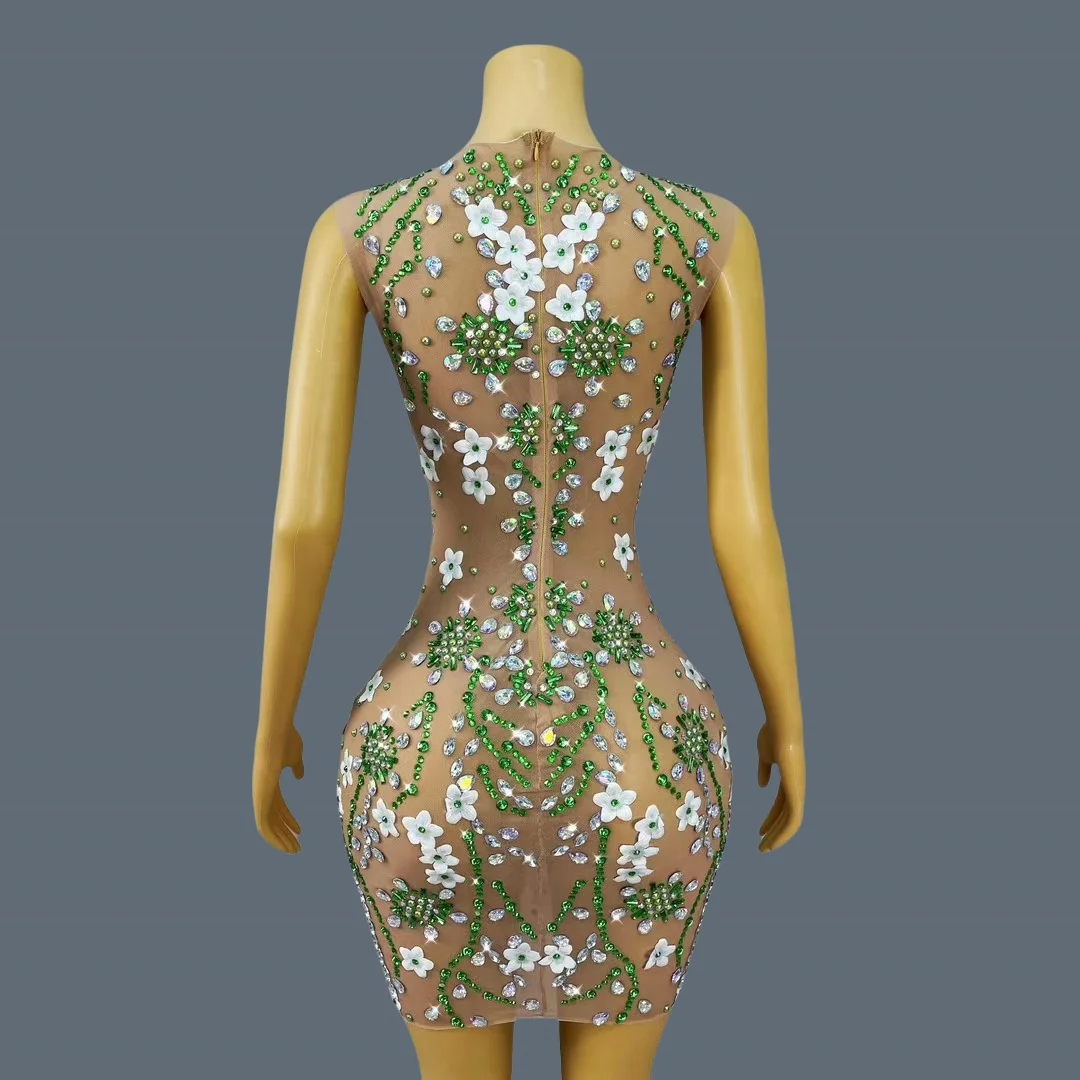 Sexy See Through Mesh Diamond Evening Dress Birthday Celebrate Party Mini Dress Nightclub Performance Dress Short Dress Lvchahua