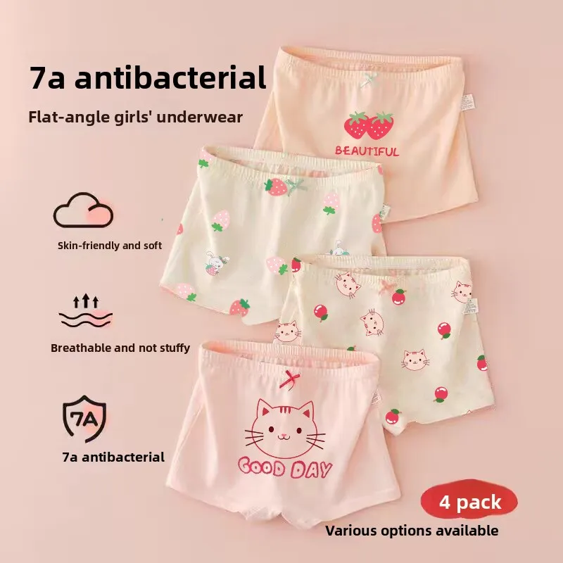 4 Pack 7A Antibacterial Girls Cotton Boxer Briefs Cartoon Printed Breathable Big Kids Underwear No Riding Up No Chafing