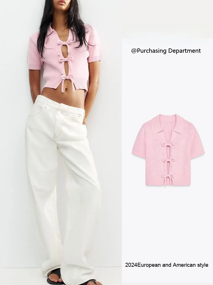

New Summer Women's Knitted ort Sve round Ne Top with Knot Decor Commute Sle Slim Fit Pure Color irt