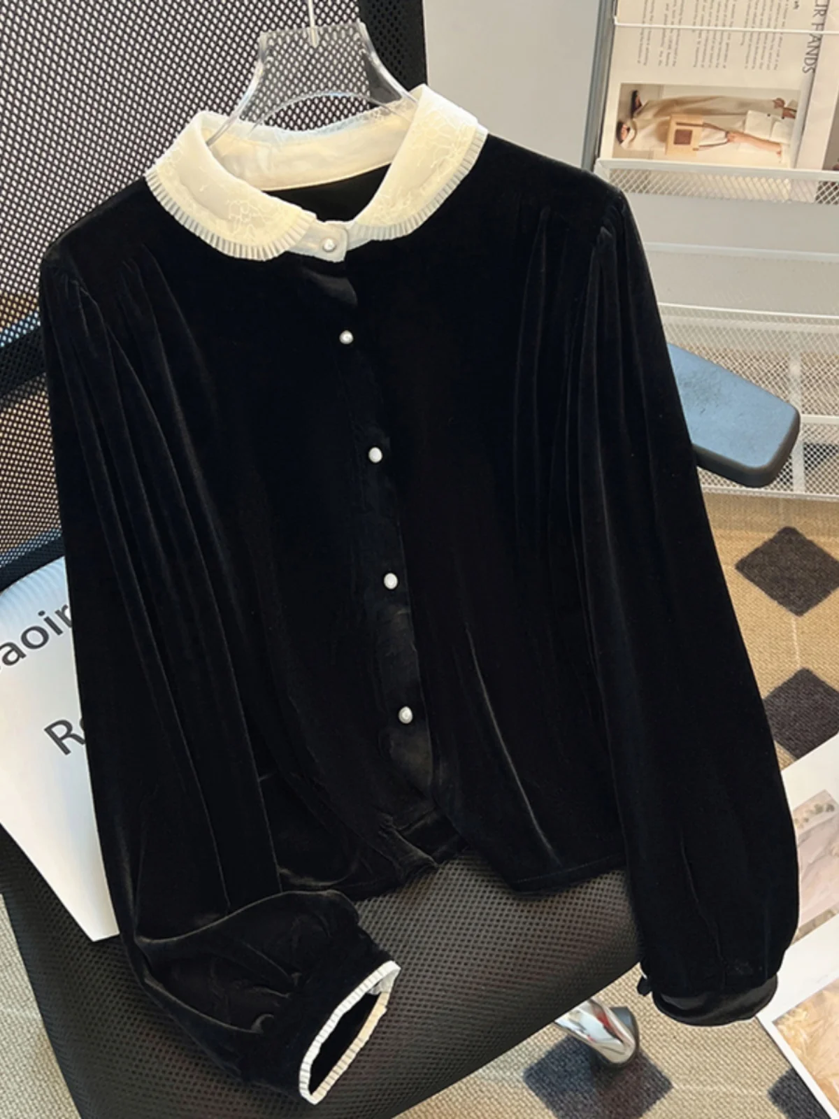 

Весенне-осенний женский бархатный топ с кружевным воротником-стойкой, пэчворком и длинными рукавами, дизайнерская модель, цветная коллекция