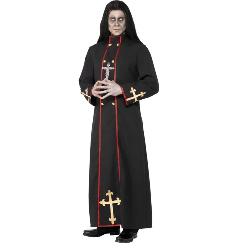 Halloween Cosplay Medieval Catholic Priest Costume Carnival Men's Dreadful Pastor Monk Wizard Fancy Scary Horror Party Claok