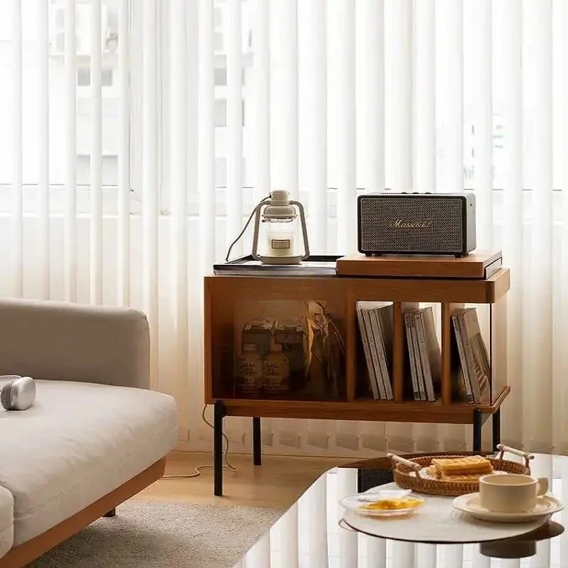AArecord player, cherry short cabinet, Japanese sofa, solid wood, books and newspapers