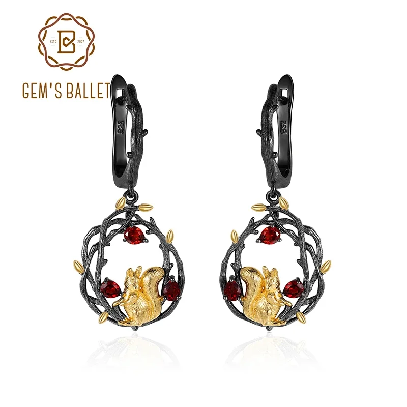 GEM'S BALLET 925 Sterling Silver Chinese Elements Natural Garnet Gemstones Earrings Squirrel Pine Tree Handmade Drop Earrings