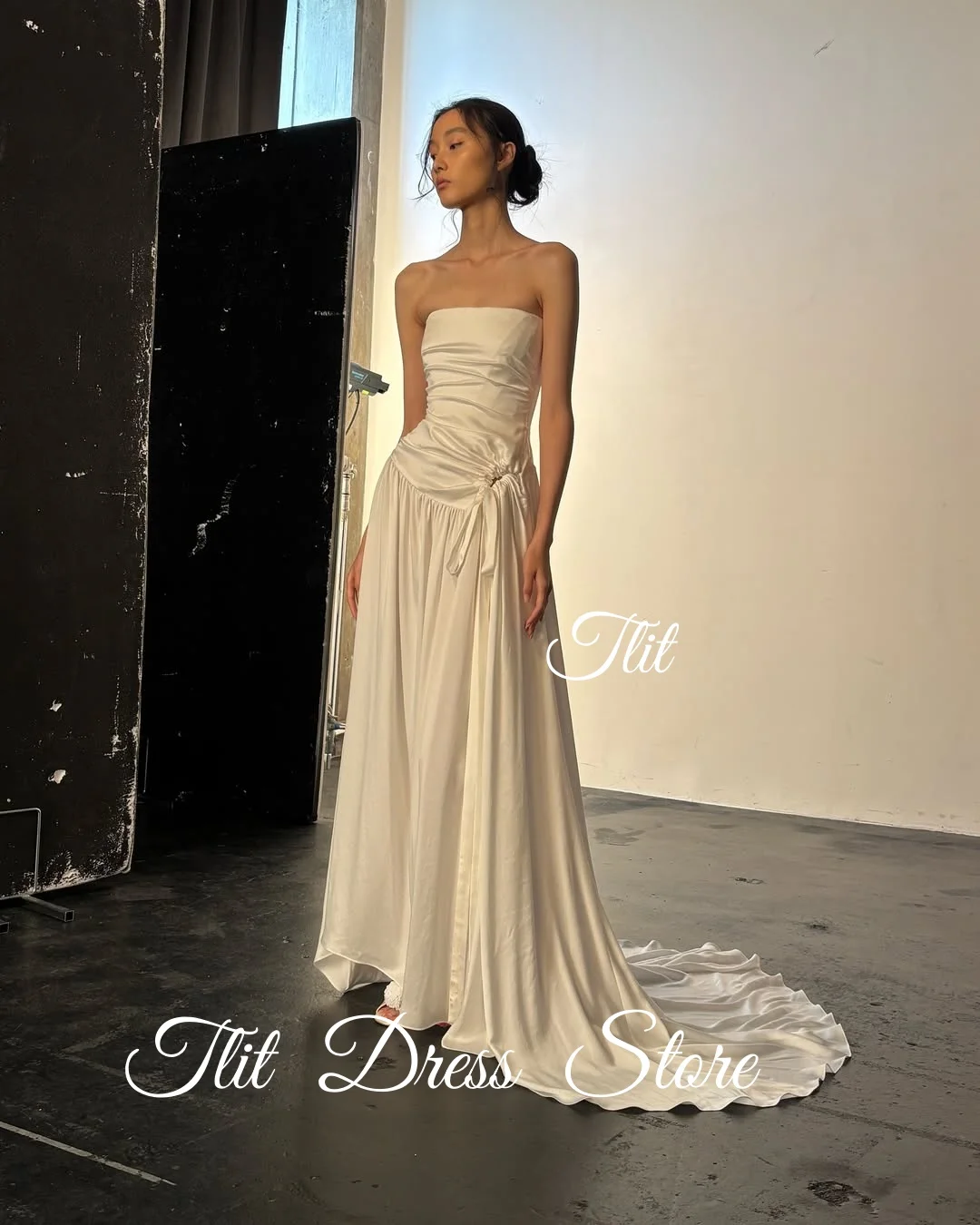 TLIT Elegant Ivory Silk Satin A-Line Wedding Dress Strapless Pleats Prom Gown Korean Bridal Dresses Photo Shoot Customized