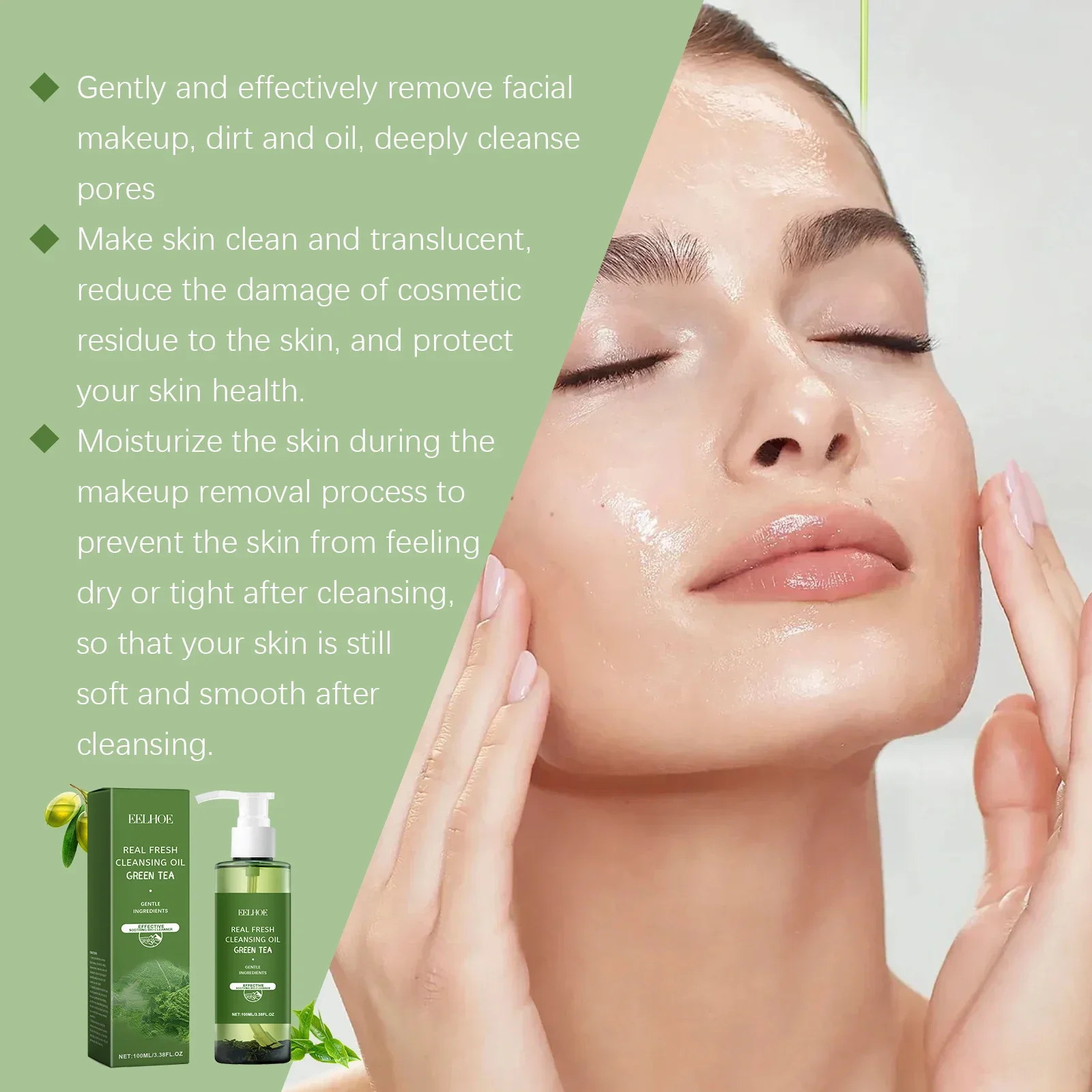 Aceite limpiador de té verde, refrescante, Control de aceite, calmante, exfoliación de la piel, hidratante, removedor de Maquillaje facial, aceite para el cuidado de la piel, 100ml