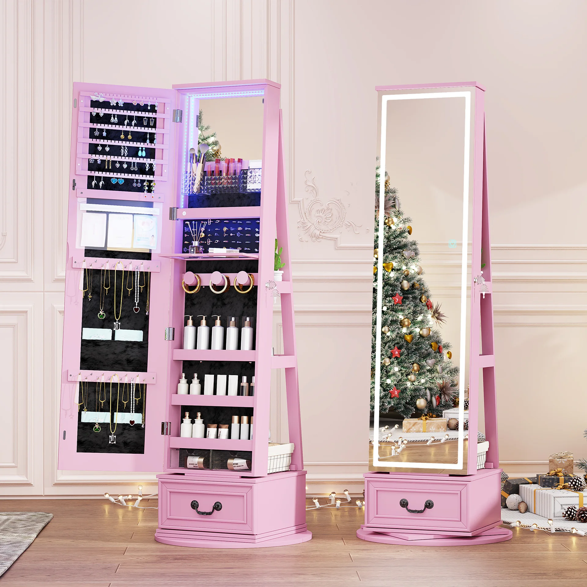 Vertical LED touch full-body mirror, jewelry cabinet with storage function, full-body mirror with lamp and locker