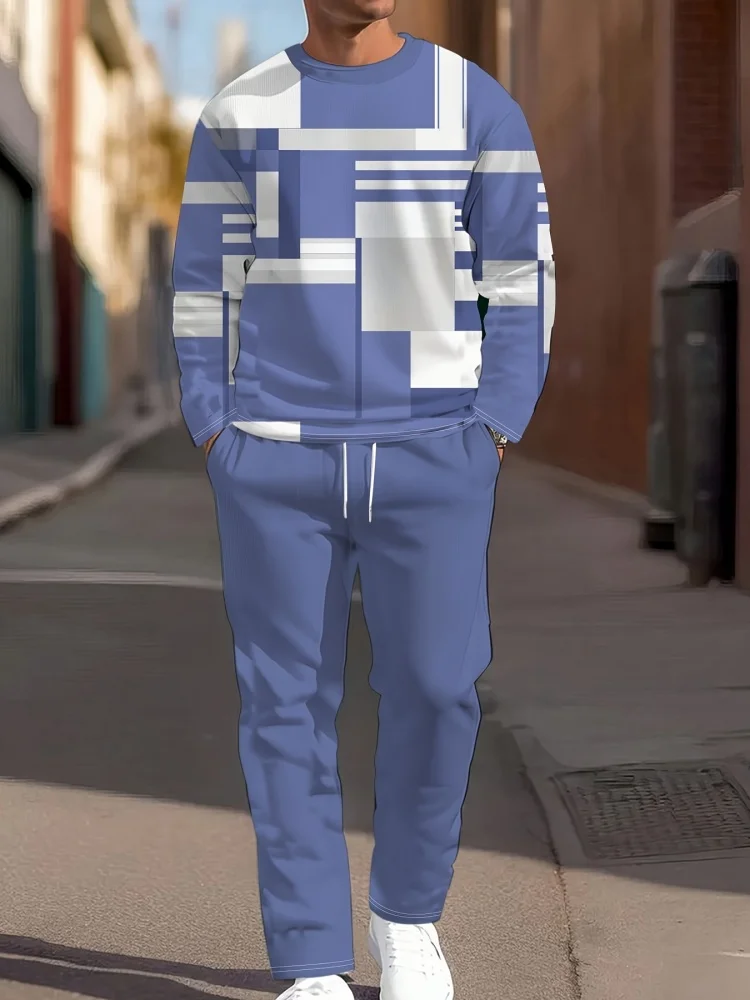 New Men's Long-Sleeve Set 3D Color-Blocked Patchwork Print Round-Neck Long-Sleeve Top & Relaxed-Fit Trousers Two-Piece Set