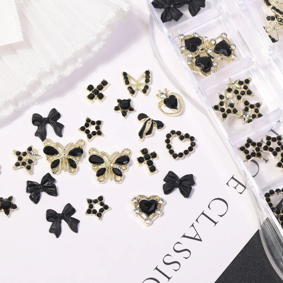 12 Grids 3D Black Gold Nail Gem Kit, Bow Butterfly Heart Star Cross Rhinestone Charms for Nail Art & DIY Craft 5 Points Product