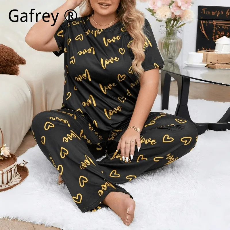

Women Plus Size XL Pajama Set Letter Heart Print Round Neck Short Sleeve Long Pants Loose Fit Lounge Wear Comfortable Sleep Suit