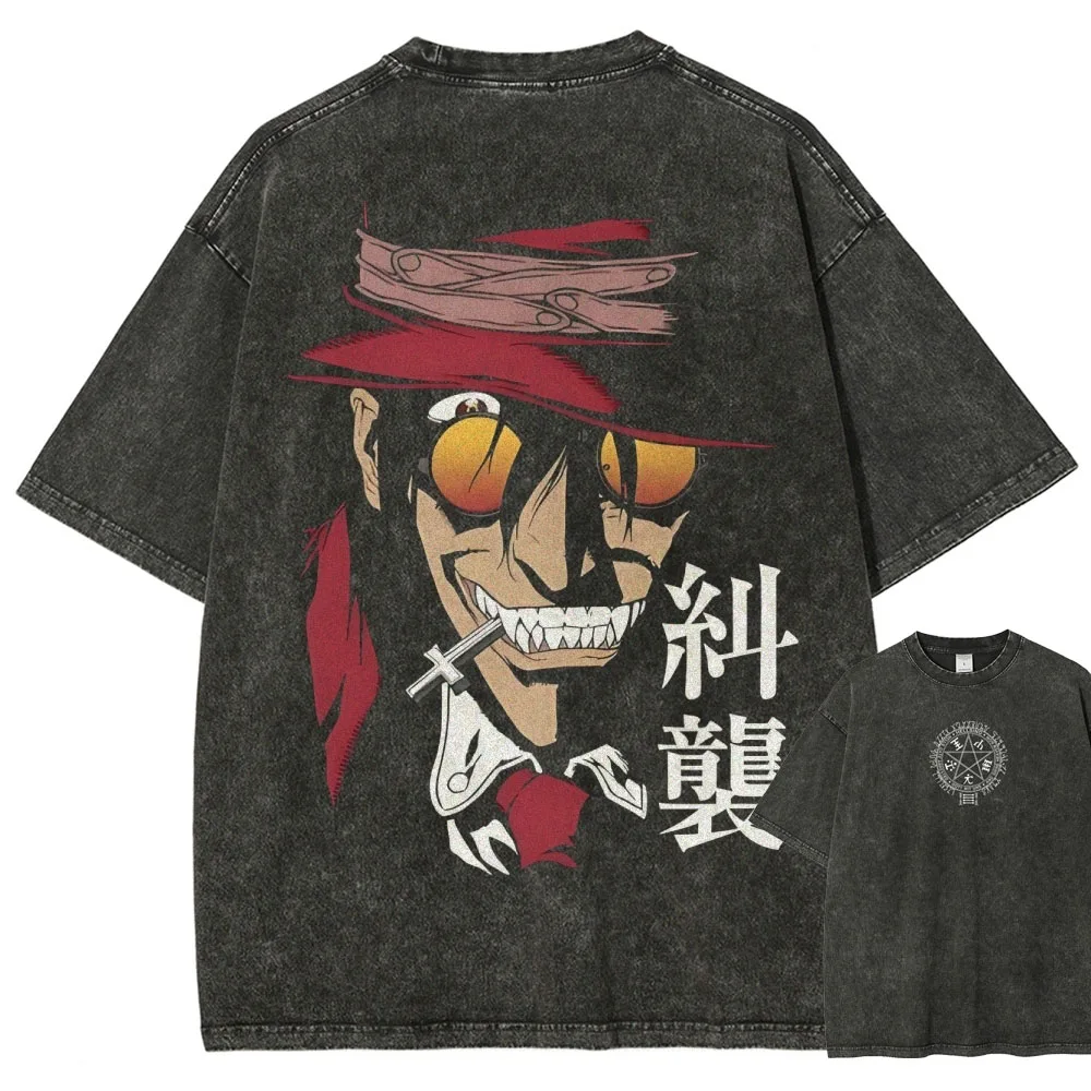 Hellsing Washed T-shirt personality Clothes New Model Anime T-shirt Plus Size Unisex Comfortable Washed Retro Fashion Breathable