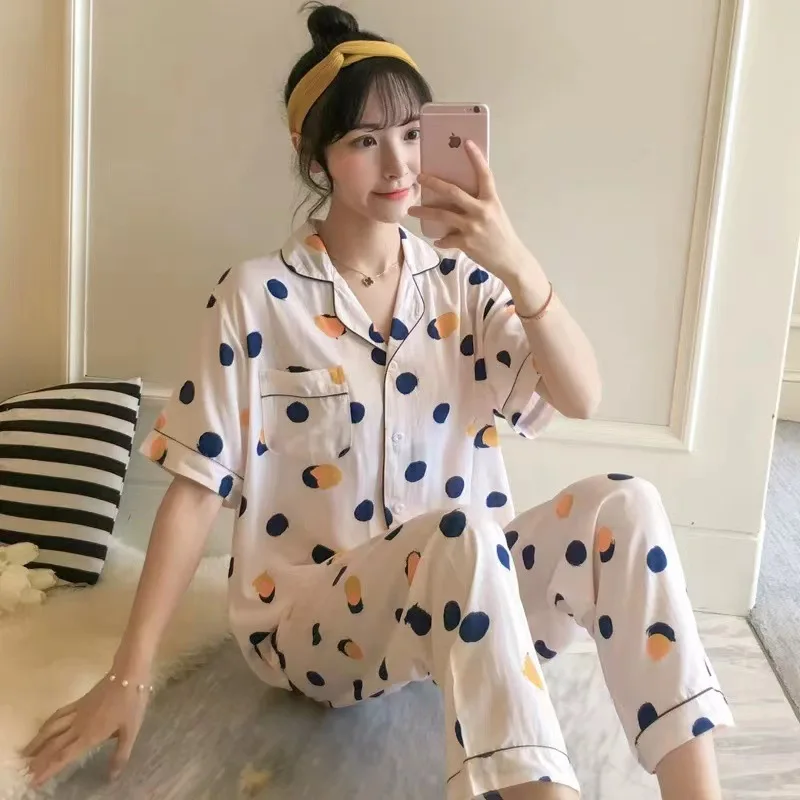 Women\'s Clothing Two-Piece Cardigan Pajamas Summer Thin Section Of Short-Sleeved Pants Printed Cute Casual Comfortable Homewear