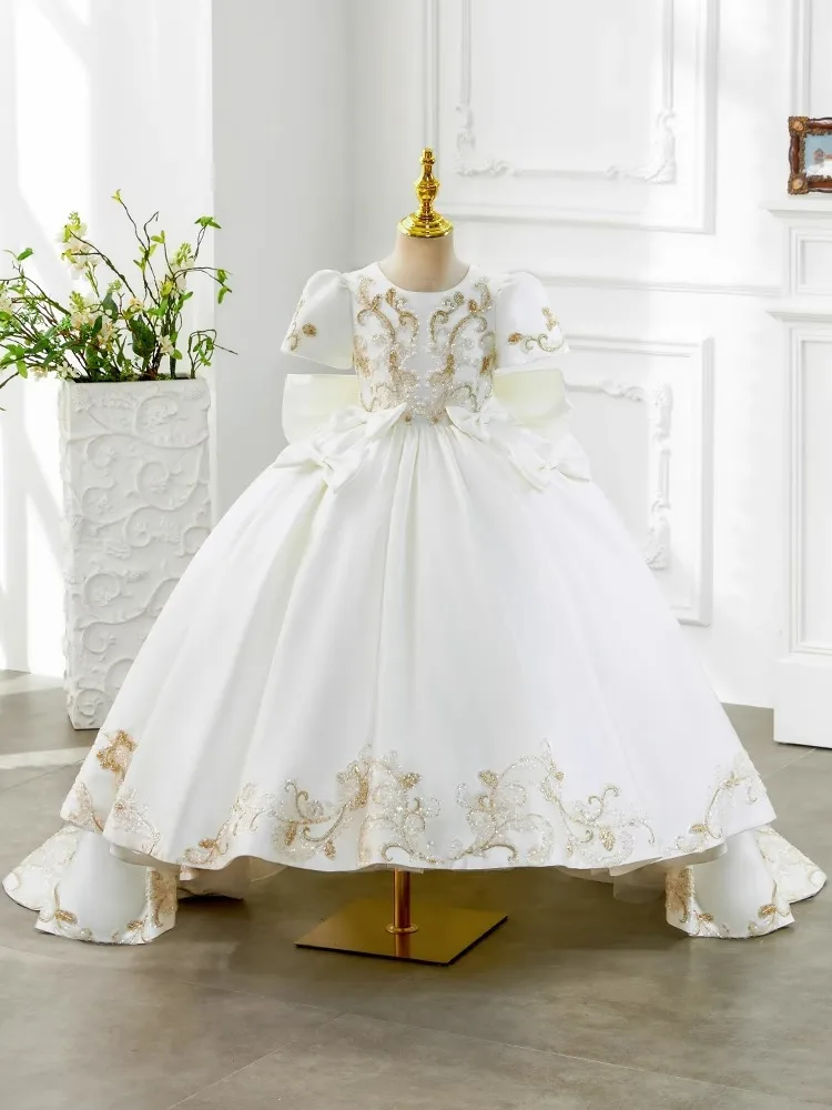 

Ball Gown Baby Flower Girl Dresses Short Sleeves Court Train Princess Prom Birthday Party Gowns