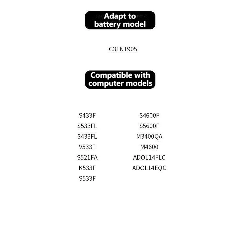 Lithium Battery for ASUS S4600F, M3400QA, M4600I, S5600F, C31N1905 Laptops