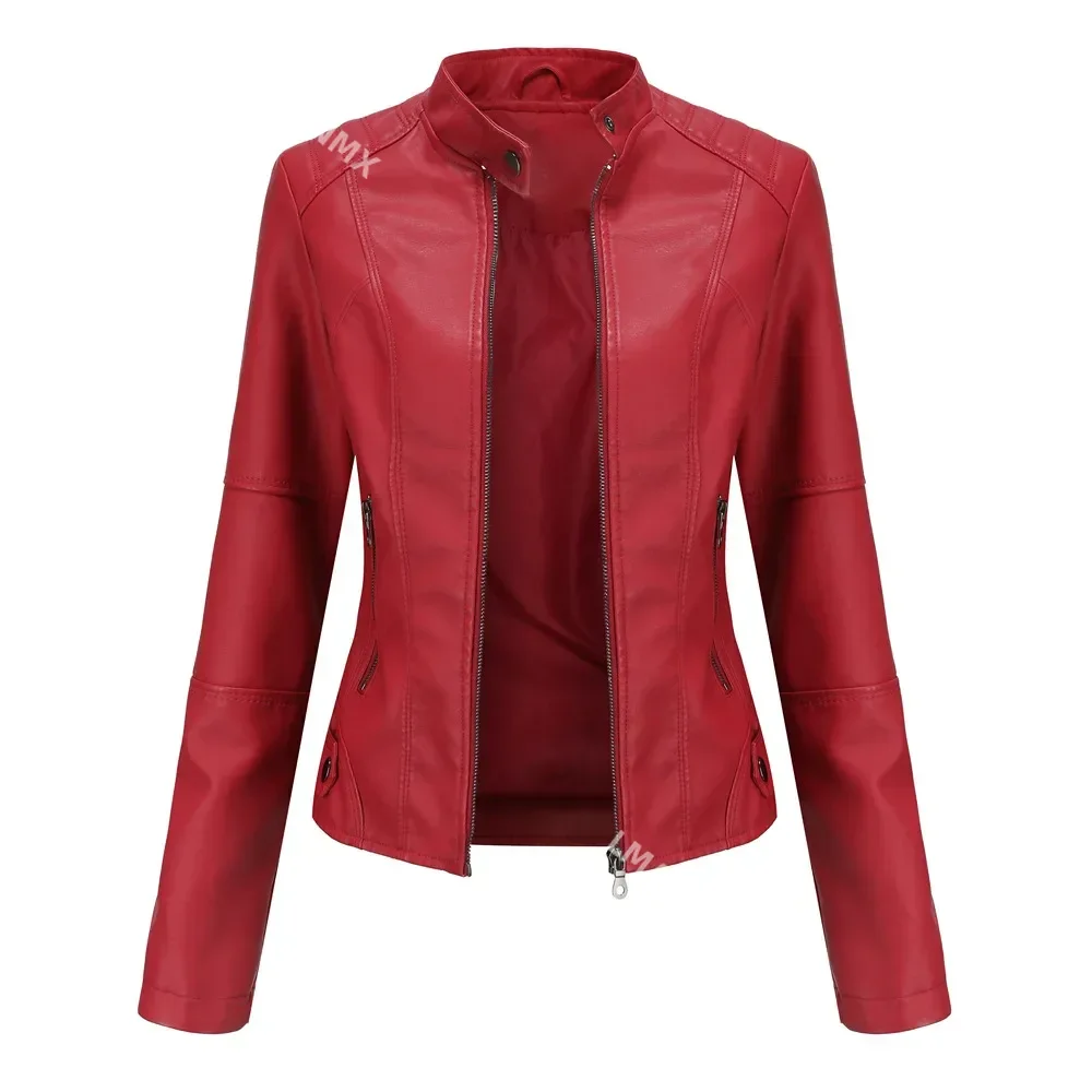 Faux Leather Jacket Women 2024 Moto Biker Zipper Jacket for Women Autumn Spring Coat Red Brown Black Coffee Blue Purple Apricot