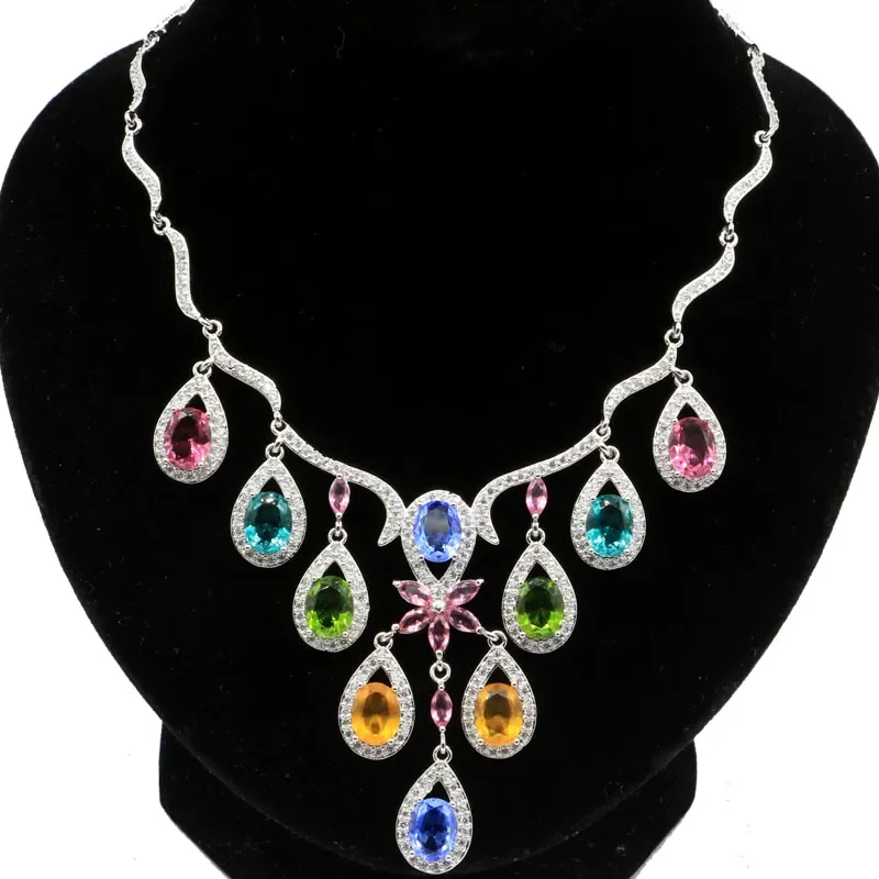 38g 925 SOLID STERLING SILVER NECKLACE Multi Color Peridot Tanzanite Citrine Kunzite Aquamarine White Sapphire Cz 18.5inch