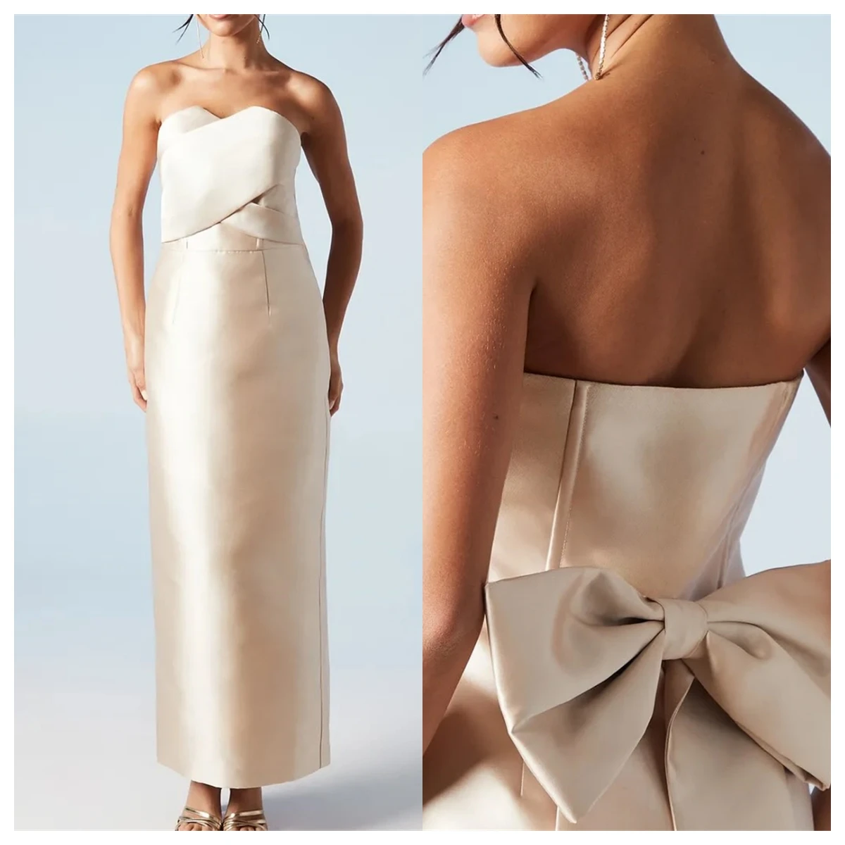 Vestido de noche de satén marfil elegante personalizado, sin tirantes, sin mangas, vestido de fiesta con lazo, vestidos para ocasiones especiales de alta calidad