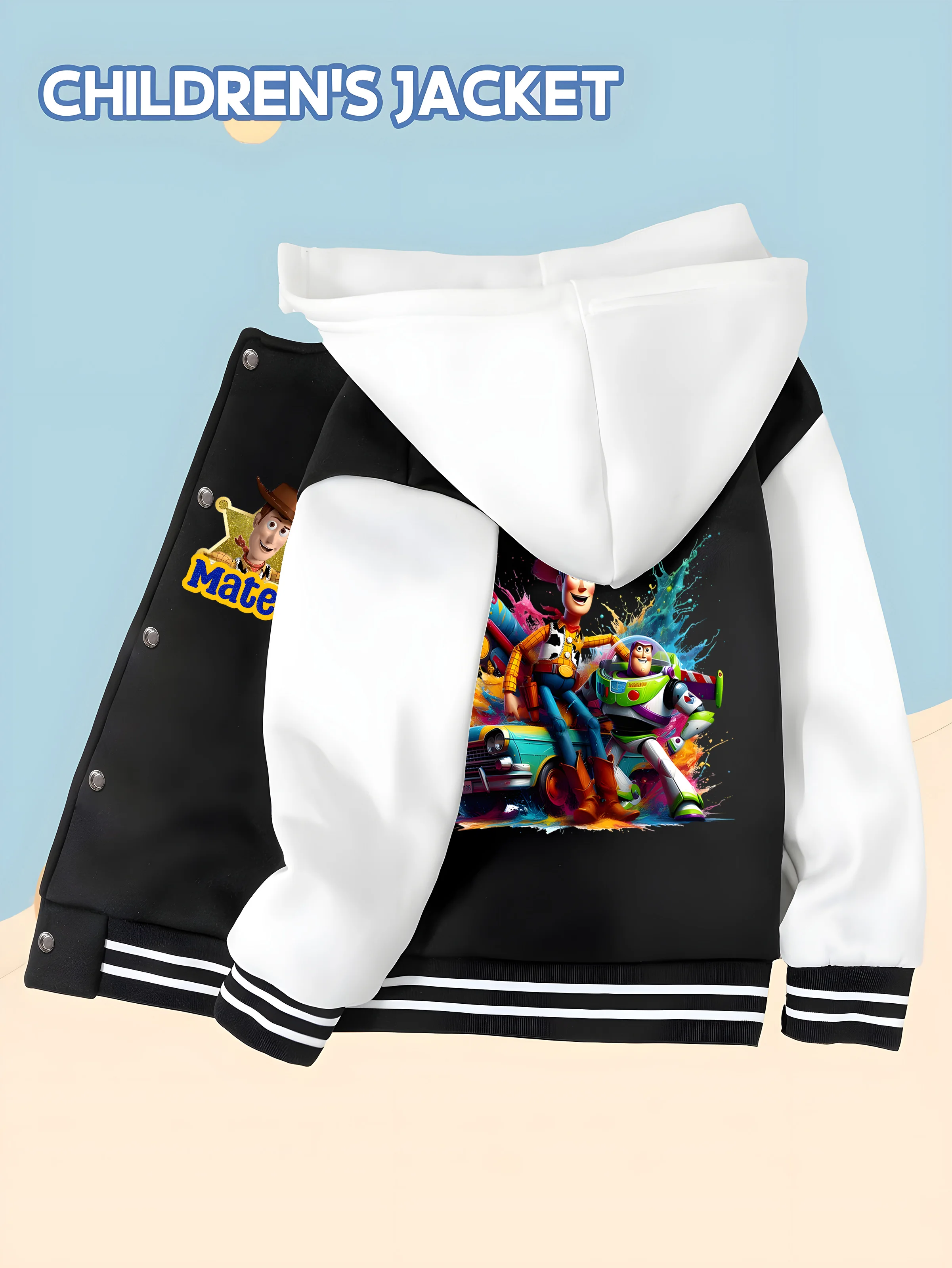 

MINISO Toy Story Boys Baseball Jacket - Woody & Buzz Colorful Print, Birthday Party, Disney, Durable Fabric