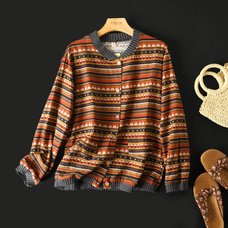 

Хлопково-льняная одежда в стиле ретро с бейсбольным принтом, женская одежда больших размеров, цвет бров, ребристый воротник-стойка, длинный свеч, открытый Ca...