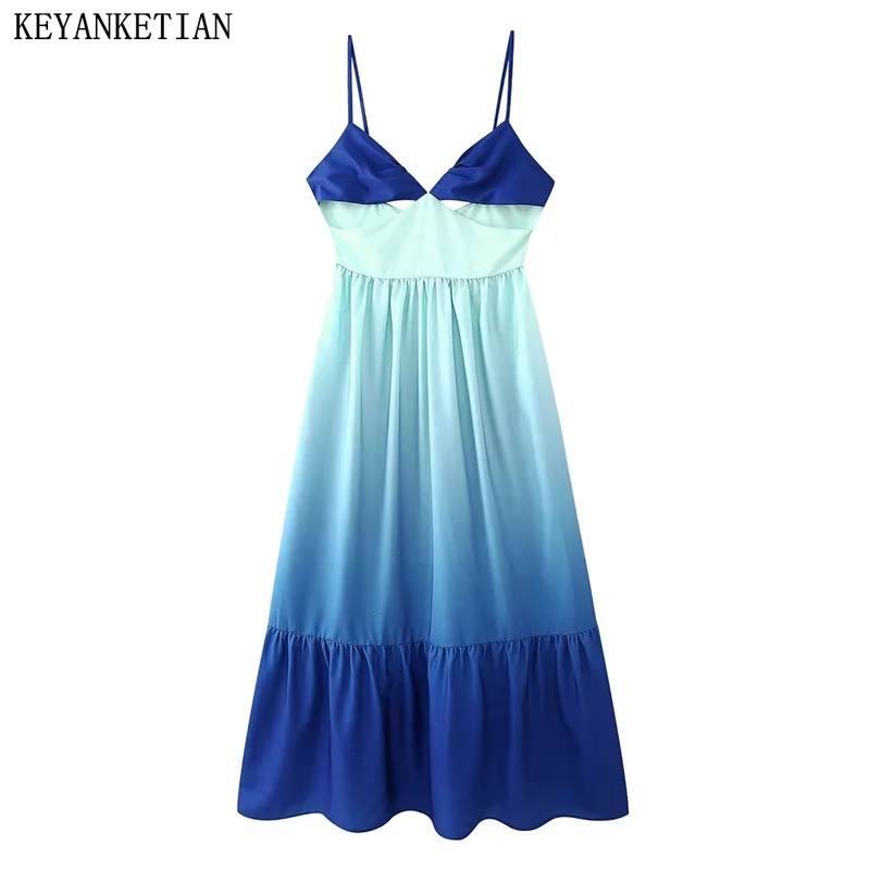 

KEYANKETIAN 2024 New Launch Women's Gradient color Tiered Slip MIDI Dress Holiday wind Hollow out Breast Wrap Dress Beachwear