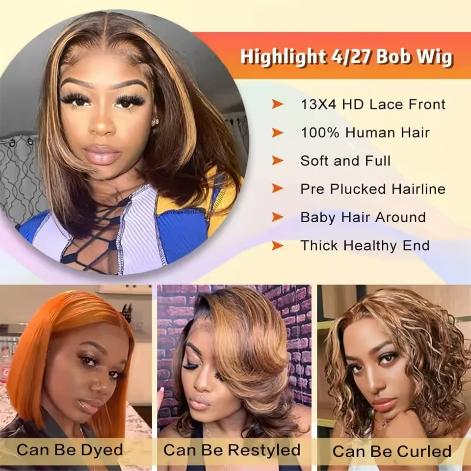 Straight Short Bob Wig Highlight 4/27 13x4 Lace Frontal Human Hair Bob Wigs Brown Blonde Transparent Lace Front Human Hair Wig image 5