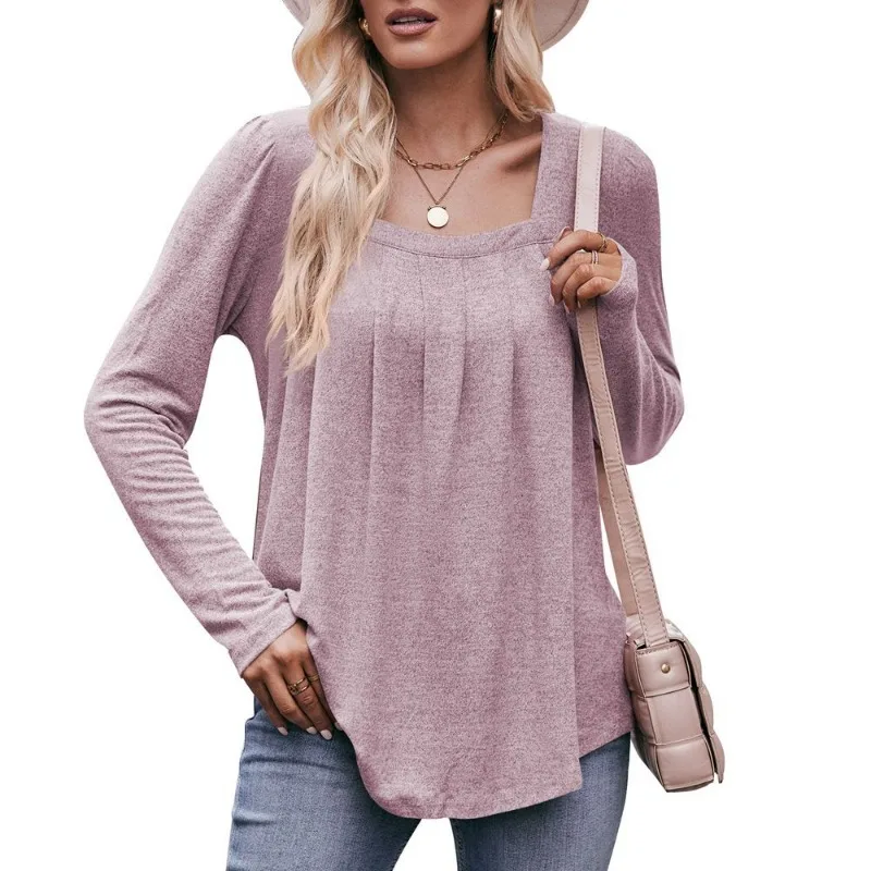 

Women's Autumn and Winter New Style Casual Puff Sleeve Square Collar Press-pleated Long-sleeved T-shirt Pullover