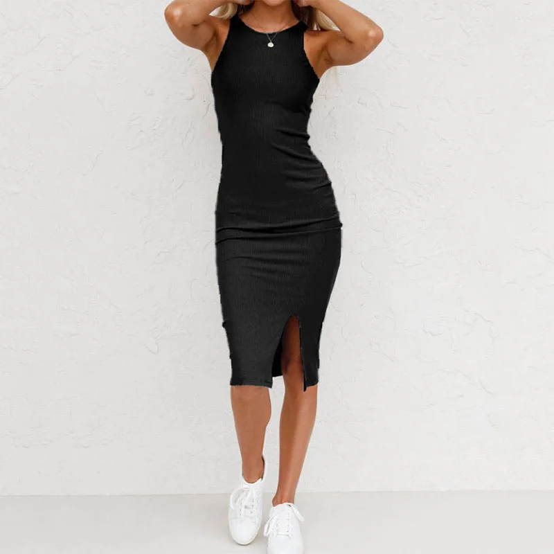 Abito lavorato a maglia senza maniche in tinta unita Abito longuette aderente diviso sexy slim fit da donna Abito gilet aderente a costine di base