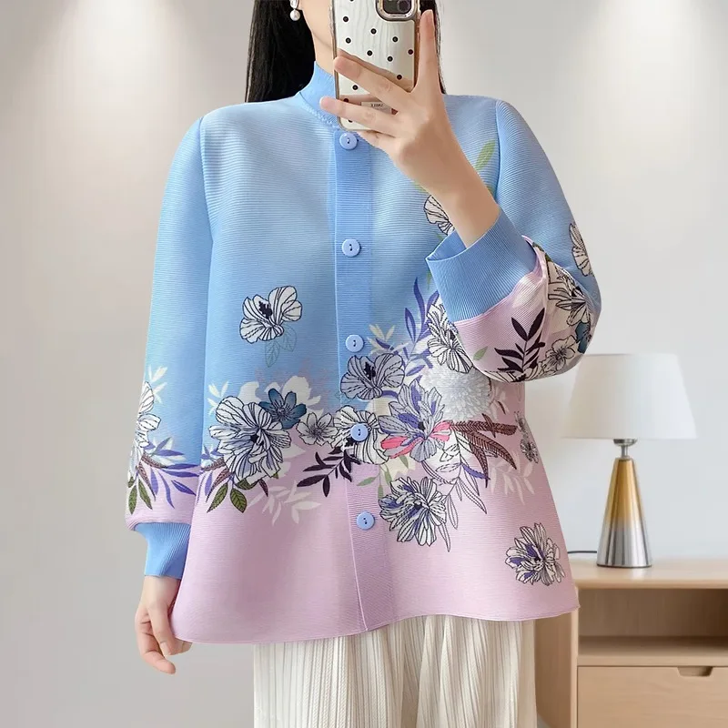 

Pleated Women Jacket 2025 Miyake Autumn New Gradient Color Printing Loose Slim Peplum Long Sleeve Tops Cardigan Stretch Clothing