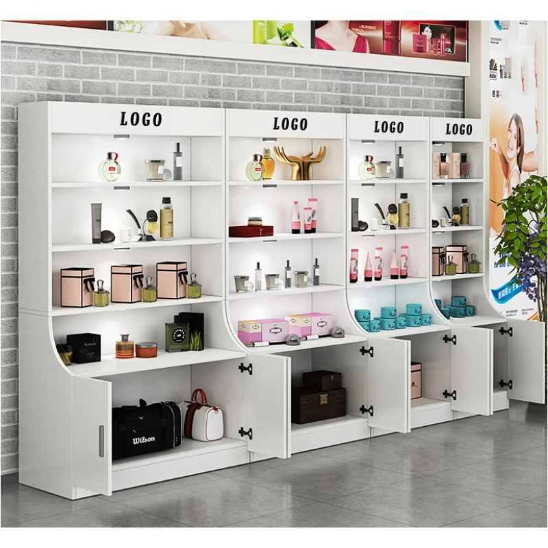 custom.Keway Supermarket retail Melamine surface panels Showcase Cabinet side wall Display shelf cosmetic shop display