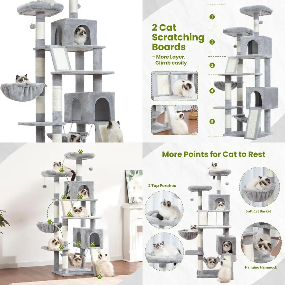 

Большой домашний деревообразный комплекс для кошек, 71 элемент, многоуровневая конструкция с 2 лежаками-крателями, 7 стойками, 2 перьявыми площадками, гамаком - светло-серый GCT032W