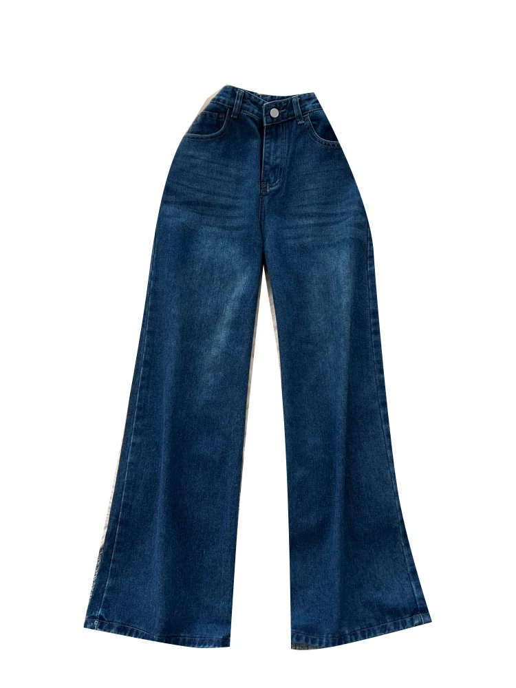 Jeans Retro Americanos de Cintura Alta con Efecto Desgastado para Mujer, Plones Anchos Casus de Pierna Ancha, Moda Oto...