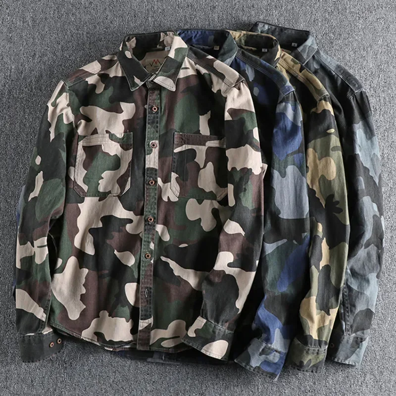 Amekaji Male Cargo Washed Shirt Jacket Canvas Cotton Camouflage Military Uniform Light Casual Work Safari Style Mens Shirts Top