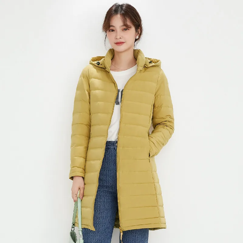 

Новая женская легкая удлиненная куртка-пуховик 2025 года, 90% белый утиный пух, корейский стиль, приталенный крой, эффект стройности