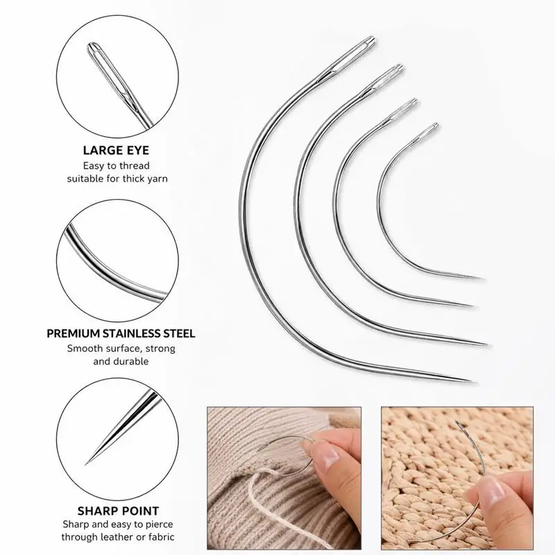 4pcs Curved Needles Practical C Type Big Eyes Repair Mattress Hand Sewing Needles for Hand Quilting Weaving Needle