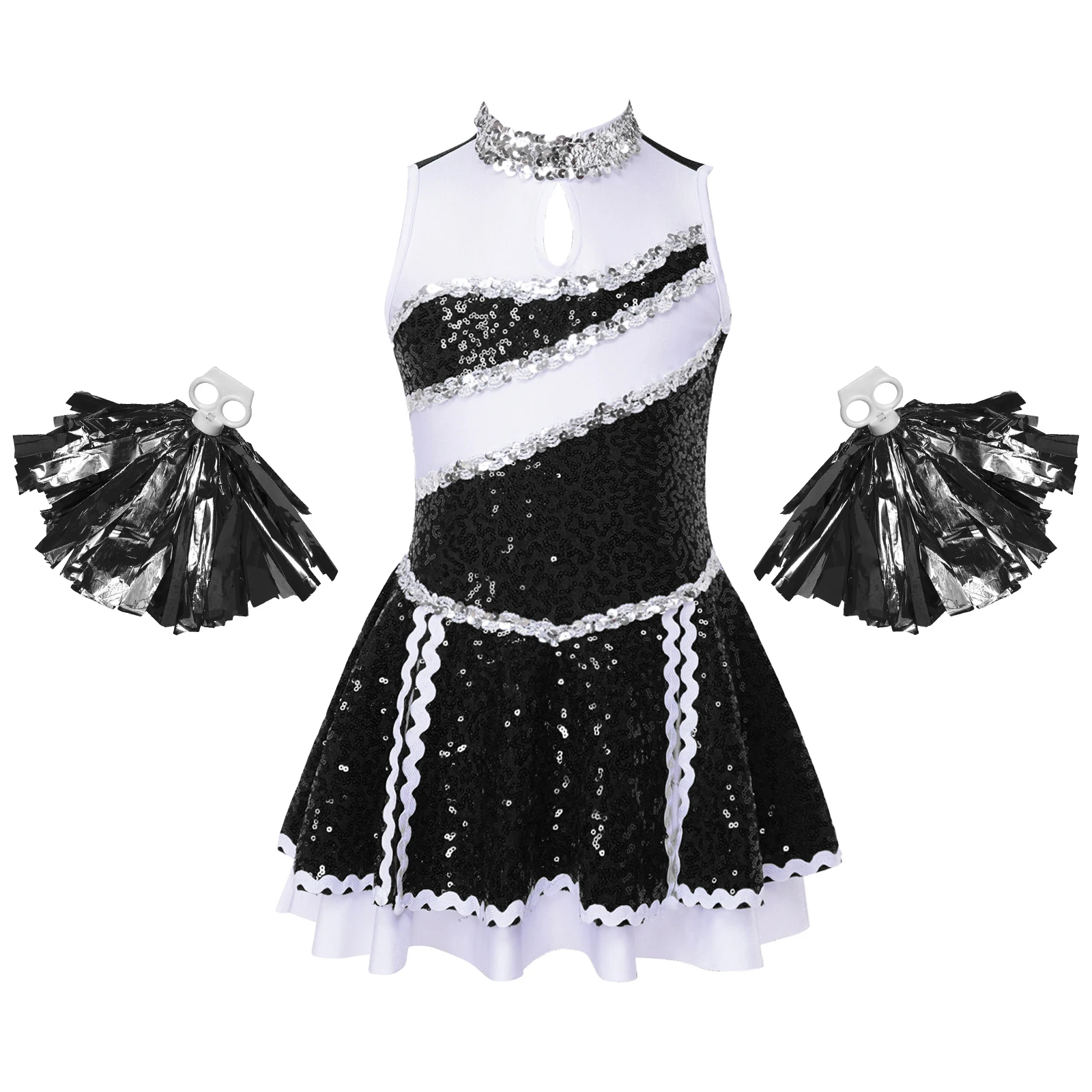 Kids Girls Cheerleading Costume Sleeveless Sequined Tutu Dance Dress with Tassel Flower Balls Children Cheerleading Uniforms