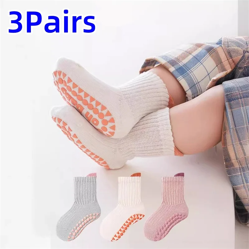 

3Pairs/set 0-5Yrs Children's Floor Socks For Girls Boys Spring Autumn Solid Kids Socks Non-slip Cotton Unisex Baby Toddler Sock